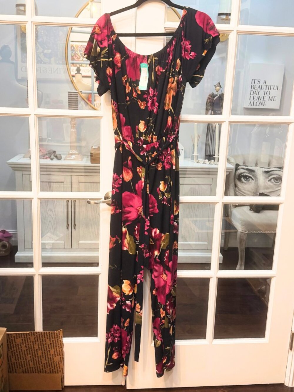 NWT Beacon Apparel Cecilia Knit Jumpsuit XL Navy Floral Comfy Stretch Wide Leg